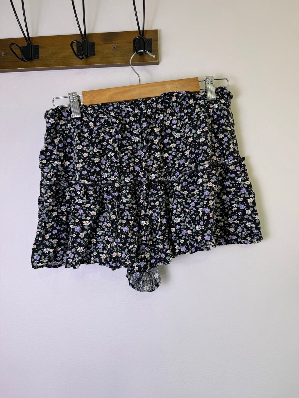 Black Floral Tiered Ruffle Skort Mini Boho Cottagecore Festival